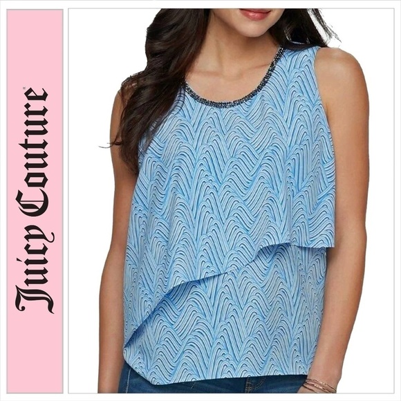 JUICY Couture Blue Waves Tiered Blouse Top Studded Rhinestone Neckline - Picture 12 of 14